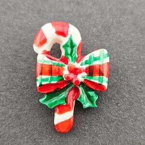 Hand Painted Candy Cane And Bow Brooch Pin Red Stripe Christmas Holiday Small